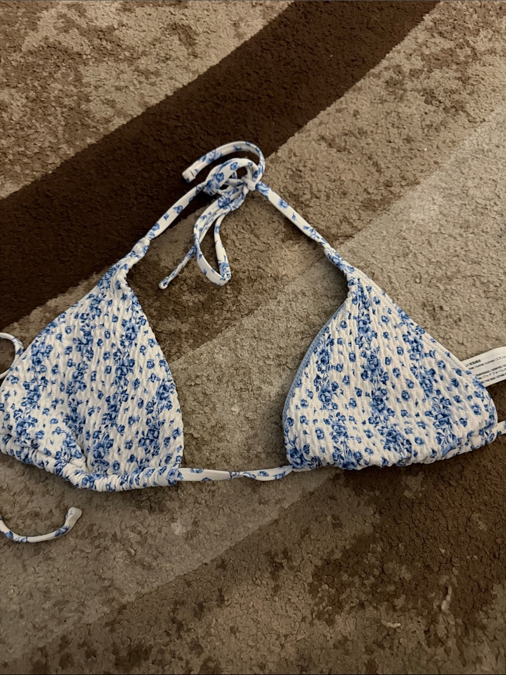 Hollister White and Blue Floral Triangle Bikini Top